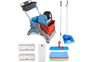 ‎HYPAFOL Hypafol Reinigungswagen mit Korb Set 50 cm | 2 x 25 l Eimer mit Wischmopp-Presse und Kehrgarnitur | inkl. 2X 50cm Baumwoll Mopp, 1x Mikrofaser-Mopp | je 3 Mikrofasertücher in rot, gelb, grün, blau