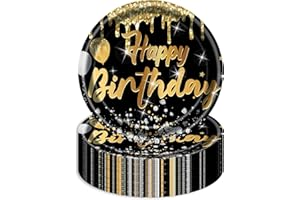HFBOBP Pack of 50 Happy Birthday Paper Plates, 17.8 cm Birthday Black Gold Paper Plates, Disposable Decorative Party Tableware for Birthday, Wedding, Graduation, Anniversary
