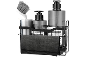 MainPi Soporte Esponja Fregadero,Organizador Estropajo Fregadero Acero Inoxidable,Organizador Fregadero Cocina Estropajo y Jabon,Soporte Guardar Esponja de Cocina con Bandeja de Drenaje (Negro)