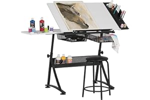 SD STUDIO DESIGNS Fusion Drafting Table with Stool Height Adjustable Desk with Tilt Plate, Anthracite/White