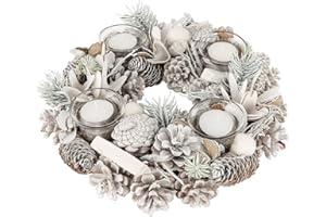 DIBOR Christmas Table Centrepiece Wreath Candle Holder Pine Cone Glass Tea Light Holder Dining Décor