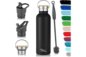 Milu Edelstahl Trinkflasche 500ml, 750ml, 1000ml (+3 Deckel) - Thermosflasche mit Strohhalm, Isolierte Wasserflasche, Auslaufsichere Isolierflasche doppelwandig, Kohlensäure geeignet (Schwarz, 750ml)