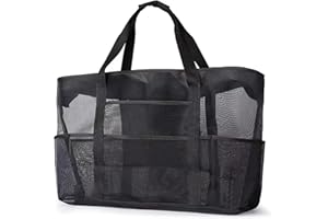 DQZSY Sac de Plage Grand en Maille avec Fermeture éclair, Fourre-Tout de Plage Anti-Sable Pliable Main Sac, sac de courses pour les vacances et les voyages, Unisexe