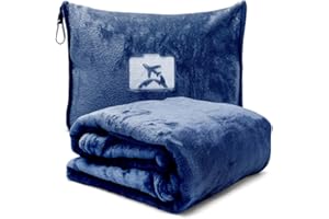 MIUUIPI Couverture de voyage et coussin de voyage 2 en 1 avec fermeture éclair - Coussin multifonction - Douce et chaude - Couverture compacte pour avion, voiture, bureau, voyage - 127 x 152 cm