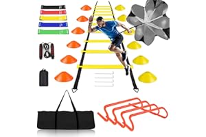 BJNCDIO Fussball Trainingszubehör, Koordinationsleiter 6m mit 12 Hütchen, Abnehmbar Hürden, Springseil, Widerstandsbänder, Widerstandsschirm,Fussball Trainingsset,Fussball Geschenke Jungen