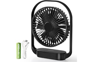 Bigqin USB Ventilator, Leise Tischventilator 4 Geschwindigkeiten Klein Fan Ventilator, 330° Einstellbar, 4000mAh Ventilator mit LED Licht für Büro Schlafzimmer Camping - Schwarz