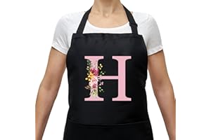 SINEKONG Personalisierte Initialen Schürzen Damen, Kochschürze Baumwolle Verstellbare Küchenschürze mit Taschen zum Kochen, Backen, Geschenk für Frauen Mama Oma Freundin zum Geburtstag Muttertag Weihnachten H