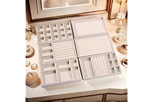 Cnwinu Jewellery Tray 6Pcs,Jewellery Organiser Display,Earring Storage Organiser,Stackers Jewellery Box Organiser,Wardrobe jewelry Storage Drawers,Holds Makeup,Necklace,Bracelet,Jewellery,Ring(Beige)
