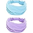 GILI 2 Pack Wide Headbands for Women Boho Knotted Non Slip Fashion Hair Bands Yoga Running Sports Workout Gym Head Wraps Elastic Soft Cotton Cloth Turbans Bandana for Girls (Light Purple,Light Blue)