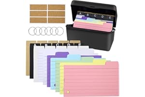KWEIUGFI Boîte à fiches d'apprentissage, Coffret Noir, avec 260 cartes, 230 cartes, multicolores, lignées, 15 intercalaires, 6 anneaux, 6 autocollants, pour l'école, le bureau et la maison, 14 x 9 x 7,7 cm