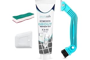 PentaUSA Grout - Ready Mixed Tile Grout with Sponge, Rake and Floater, Reviver for Bathroom, Kitchen, Floor Tiles - 250 gr Bundle Set (White)