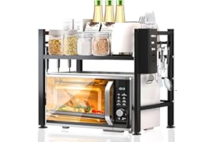 Purpledi 2 Niveaux Support de Four à Micro-Ondes Extensible, Etagere Rangement Cuisine Four à Micro Ondes, avec 6 Crochets, Support de Four à Micro-Ondes, Etagere Cuisine Micro Onde, Noir