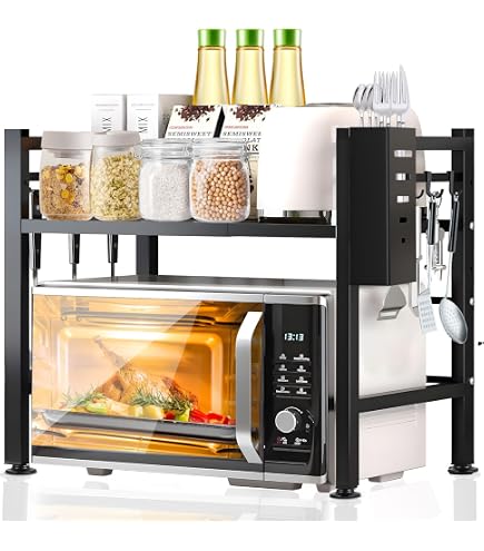 étagère Acier Carbone Étagère Micro-ondes Extensible NLMWTI - 2 Niveaux Réglables 35-50kg Blanc Rangement Cuisine Blanc