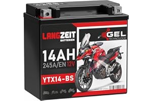 ‎LANGZEIT BATTERIEN LANGZEIT YTX14-BS Motorradbatterie 12V 14Ah 245A/EN Gel Batterie 12V doppelte Lebensdauer entspricht 51214 YTX14-4 CTX14-BS GTX14-BS vorgeladen auslaufsicher wartungsfrei
