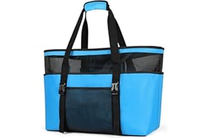 RAINSMORE Strandtasche XXL Familie mit Reißverschluss Badetasche Damen Groß Leicht Mesh Beach Bag Wasserdicht Faltbare Schultertaschen für Strand Reise Picknick Blau