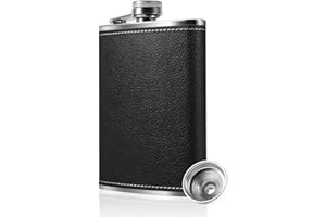 RYMALL Piersiówka z lejkiem, 227 ml/8oz Flask z nasadką Never-Los, piersiówka ze stali nierdzewnej - klasyczna czarna skóra - nadaje się na wszystkie okazje, nie zawiera BPA - nadaje się do noszenia
