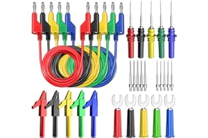 Cleqee 30x Kit de cables de prueba para multímetro, cable con conector banana de 4 mm apilable de doble extremo con pinzas de cocodrilo aisladas, sondas de prueba, enchufes de pala