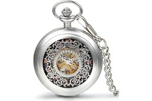 JewelryWe Montre de Poche Gousset Squelette Mécanique Manuel Rayure Fleur Ciselée Chiffre Romain Pendentif Collier Alliage pour Homme Femme avec Boîte Cadeau de Montre