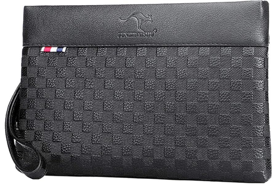 A-QMZL Men's Leather Clutch Bag Large Capacity Business Clutch Bags Wallet Card Slots Pockets with Zipper Wallets for Men with Wrist Strap Work Travel Casual Clutch Bag, Black, 26*17*3.5cm, Retro