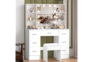 Puselo Sminkbord med belysning och spegel, stort sminkbord med pall - 7 lådor 8 hyllor, modernt sminkbord för sovrum, 100 × 40 × 140 cm