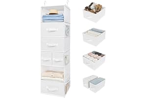 GRANNY SAYS 6-Shelf Hanging Clothes Organiser for Wardrobe Tidy, Pack of 1 Foldable Hanging Wardrobe Shelves with Drawers and 6 Side Pockets, White Fabric Closet Organiser for Organisng Jumper Socks