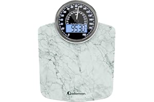 Adamson Bilancia Pesapersone Ibrida + Digitale & Analogica 2-in-1 - Fino a 180 kg - Ampio Display con Retroilluminazione + Robusto Vetro Temperato + Lettura Facile + NUOVO + Marmo Bianco