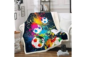 Loussiesd Jungen Plüsch Decke 150x200cm Kinder Sport Themen Kuscheldecke Fußball Sherpa Decke Teens Fußball Spiele Fuzzy Decke für Schlafsofa, Ultra weiches Raumdekor Farbspritztinte Wohndecke