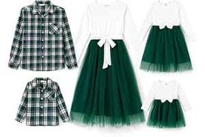 PATPAT Tenue de famille assortie, robes pour maman et moi, ensemble assorti, robe en tulle à manches longues, chemise boutonnée à carreaux de buffle