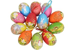 TINKBER 12 sztuk wielkanocnych jajek wiszących, wielkanocne ozdoby do jajek wielkanocnych, kolorowe ozdoby wiszące z papierowej mache, wielkanocne dekoracje wiszące, malowane jajka wielkanocne, prezenty