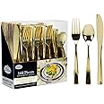 Reusable Plastic Cutlery Polished Gold, Full Size Cutlery Combo, 80 Forks, 40 Knifes, 40 Spoons, Value Pack 160 Count
