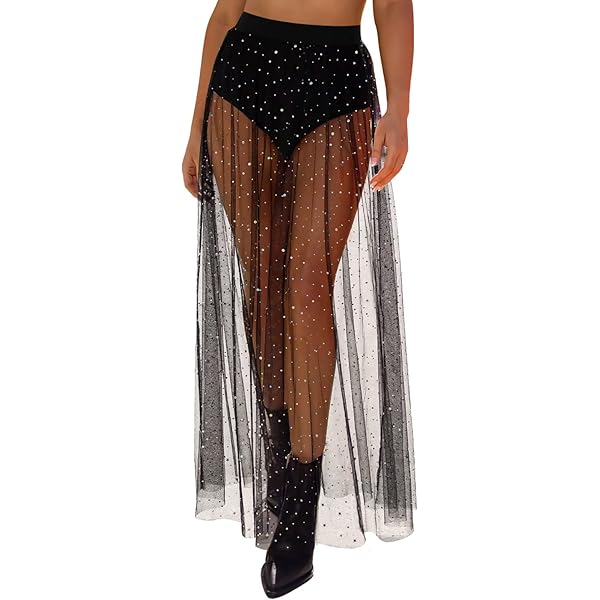 Jupe Femme Brillante En Maille Transparente – Noire, Taille Unique, Extensible, Clubwear
