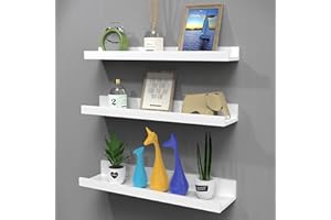 Nunemosk Set of 3 Floating Shelves Wood Wall Mounted Shelf Picture Ledge Display Racks Spice Racks Decorative Wall Shelves for Bedroom Living Room Kitchen Home Office (White Shelves)