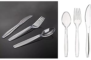 DECORATIVE CONCEPTS UK Pack of 150 Heavy Duty Reusable Clear Plastic Cutlery Set [ 50 Spoons, 50 Forks, 50 Knives Set ] Perfect for for Birthday Parties Buffets Picnics BBQ's Weddings Camping