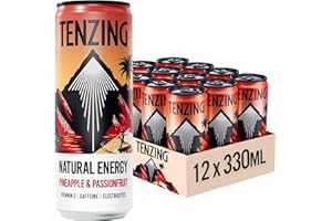 TENZING Natural Energy Drink, Plant Based, Vegan, & Gluten Free Drink, Pineapple & Passionfruit, 330ml (Pack of 12) - Packaging may vary