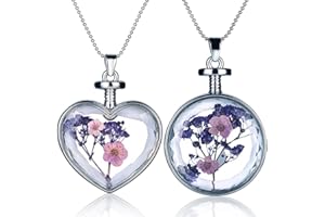 Yumilok Jewelry Pendentif Collier en Alliage et Verre la Forme du cœur et du Cercle avec Le spécimen de Fleur Lavande Violette Deux pièces pour Femme Fille