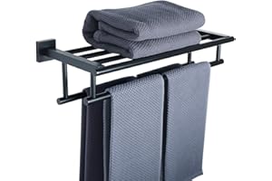 SAYAYO Toalleros de Baño Toallero Negro Doble Barra de Toalla Pared Estante de Almacenamiento, Accesorios Baño Acero Inoxidable Colgador Trapos Cocina para Baño y Cocina 50CM, EGZ8050-B