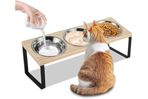 KOOLYOUTH Raised Cat Bowl, 3PCS Stainless Steel Cat Bowls with 15° Stand Tilted, Cat Food Station for Food and Water, Anti Vomiting, Elevated Cat Feeding Bowl with Bamboo Base for Cats, Puppy and Small Dogs