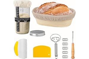 JAOBHAHY Set di Cestino Lievitazione Pane Ovale 25cm con Barattolo per Lievito Naturale da 650 Ml, Spatola in Metallo + Spatola in Plastica + Impastatrice + Lama per Pane, Ideale per Pasta Madre