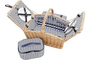 WoMa 4 Personas Cesta de Picnic de Mimbre Color Azul Blanco Rayas – 26tlg. con Bolsa de Techo, cerámica y Compartimento refrigerado – Maletín de Picnic Set