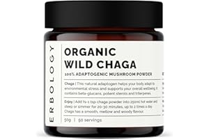 ERBOLOGY Poudre de Champignons Chaga 100% Bio 50 g - 7% de Bêta-glucanes - Soutien de l'Immunité - Inonotus Obliquus - Petit Lot - Récolte de Manière Durable dans les Forêts de Finlande - Végétalien