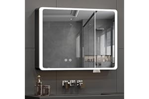 Buildonely Łazienkowa szafka z lustrem z oświetleniem, 80 x 70 cm, szafka łazienkowa z lustrem z funkcją zapobiegającą zaparowaniu, sterowanie ekranem dotykowym, czarna, stop aluminium, zmontowana