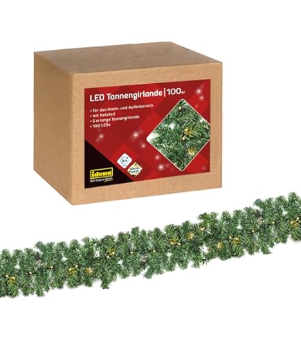 Dennenslinger 5 meter met 80 LED verlicht, uitbreidbaar, werkt op stroom, optionele timer, incl. 10 meter voedingskabel, geschikt voor binnen en buiten, kunstmatige decoratieve slinger met verlichting