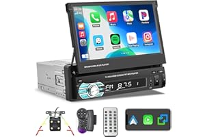 Hikity Apple Carplay Autoradio 1 Din avec 7'' Flip Out Écran Tactile 1 Din Poste Radio Voiture Bluetooth Main Libres Lien Miroir Android Auto FM USB AUX SD Caméra de Vision Arrière Commande au Volant