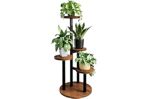 Bamworld Stojak na rośliny, narożny, z drewnianymi półkami, do wewnątrz i na zewnątrz, mały stojak na kwiaty, metalowy, wielowarstwowy stolik na rośliny, na okno, balkon, do salonu, ogrodu (4 półki)