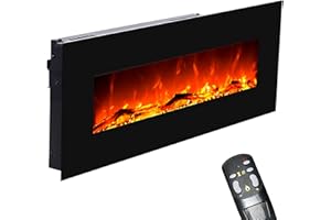 Camino Elettrico GLOW FIRE con riscaldamento e fuoco a legna (126 cm) - Camini Elettrici con luce LED, termoventilatore commutabile e telecomando - da appendere alla parete - nero, max. 1500 Watt