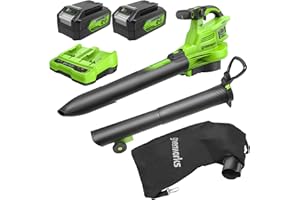 Greenworks 48V(24V x 2) Cordless Leaf Blower and Vacuum GenII with 45L Mulching Bag, 386km/h,14.73m³/min, Two 4Ah Batteries & Dual-port Charger, 3 Year Guarantee BL48L421-01