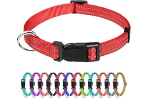 TagMe Reflective Nylon Dog Collars, Adjustable Classic Dog Collar with Quick Release Buckle for Puppy, Red, 1.0 cm Width