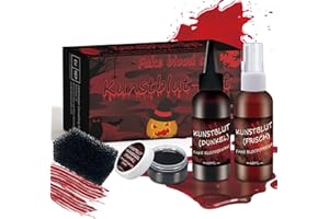 DADAPANGHU Kunstblut Halloween Schminke Set 4PCS: 60ml Kunstblut Spray + 60ml Tropfendes + 40ml Geronnenes Blutplasma + 1 Stipple Schwamm, Fake Blood, Halloween Blut Make Up