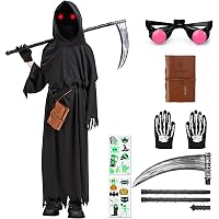 Foxxeo Sensenmann-Kostüm Für Jungen – Schwarzer Overall Mit Grünem Cape & Maske, Größe 134-140