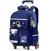 Amythe School Backpack with Wheels Children with Reflective Bands,Blue | Children's Backpacks with Removable Trolley 6 Wheels